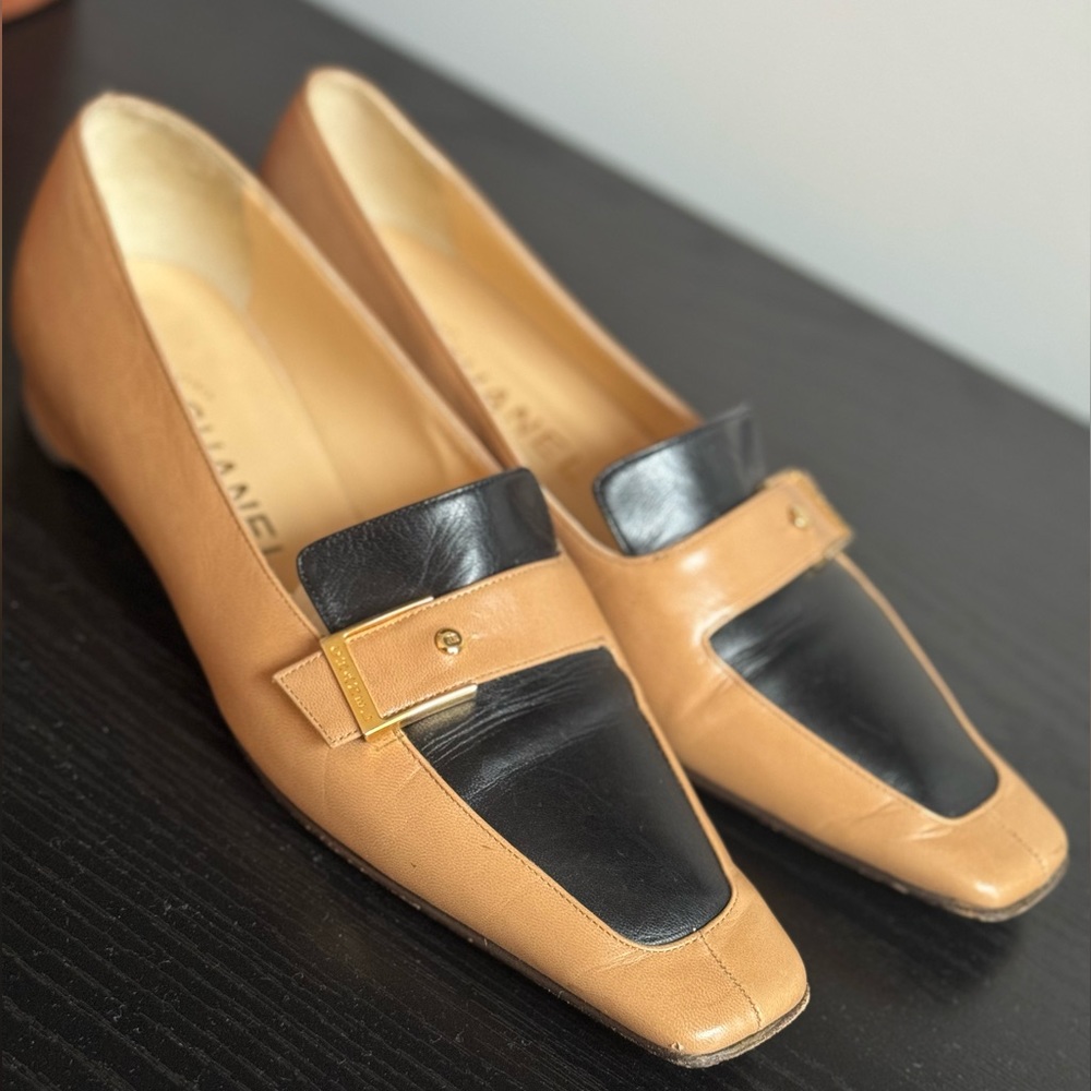 Vintage Chanel Black and Tan Square Toe Loafers